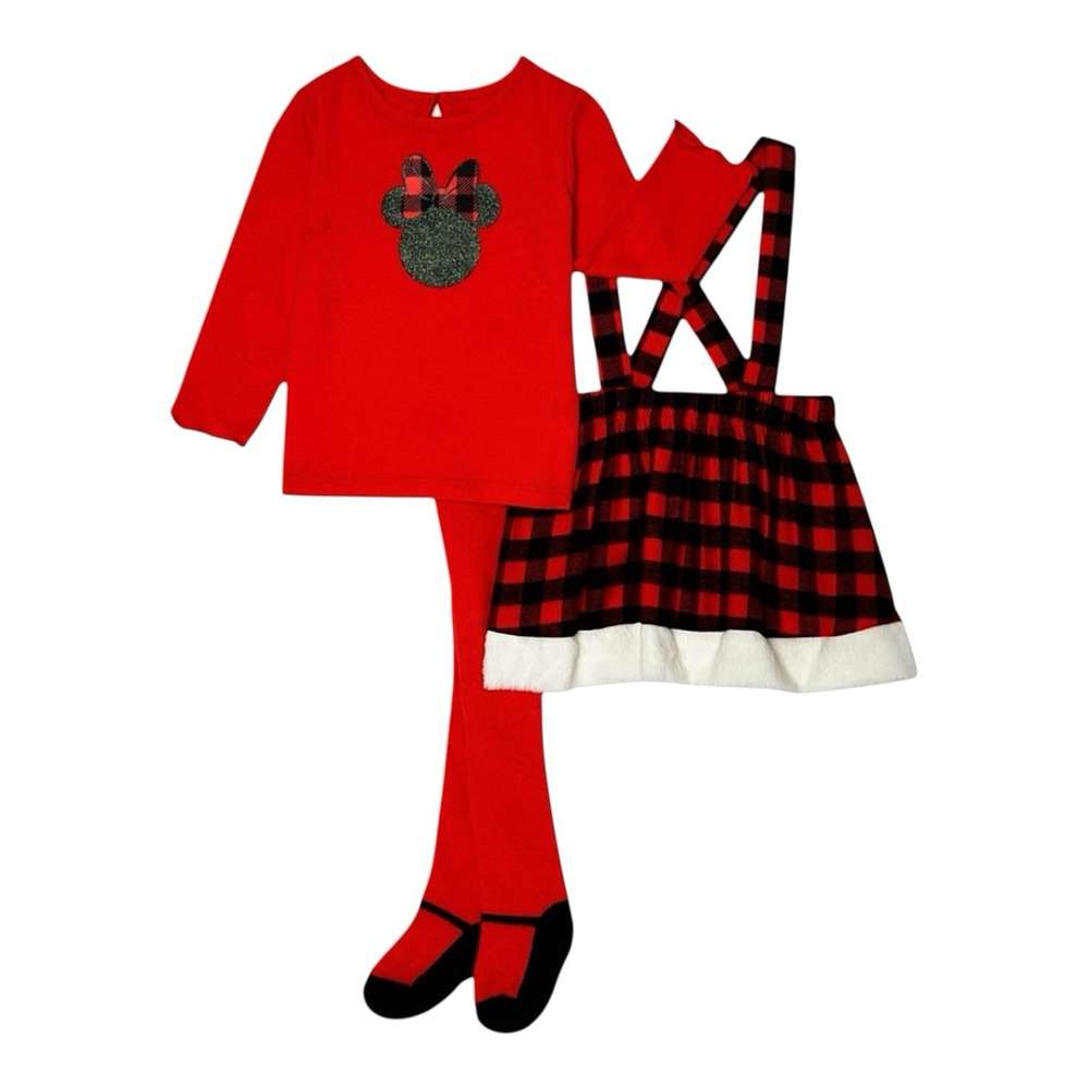 Disney Baby Minnie Mouse Size 12 Month Flannel Jumper Dress & Tights Outfit New